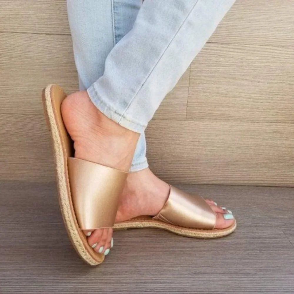 Rose Gold Slip on Slider Flat Sandal Espadrille - Picture 3 of 7